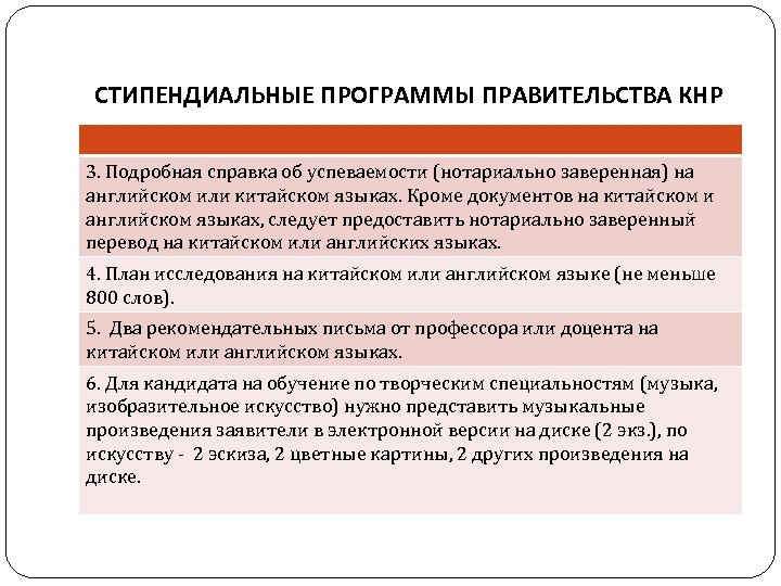 СТИПЕНДИАЛЬНЫЕ ПРОГРАММЫ ПРАВИТЕЛЬСТВА КНР 3. Подробная справка об успеваемости (нотариально заверенная) на английском или