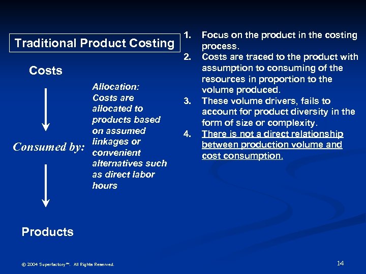 Traditional Product Costing 1. 2. Costs Consumed by: Allocation: Costs are allocated to products