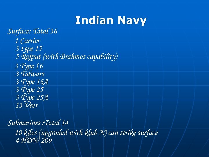 Indian Navy Surface: Total 36 1 Carrier 3 type 15 5 Rajput (with Brahmos