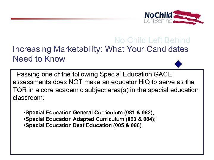 No Child Left Behind Increasing Marketability: What Your Candidates Need to Know Passing one