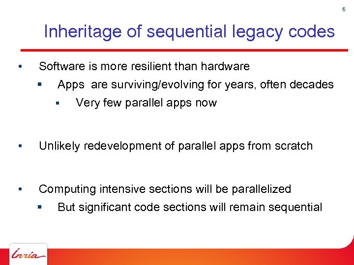 6 Inheritage of sequential legacy codes • Software is more resilient than hardware §