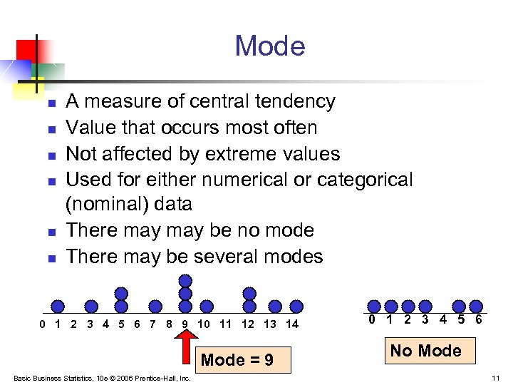Mode n n n A measure of central tendency Value that occurs most often