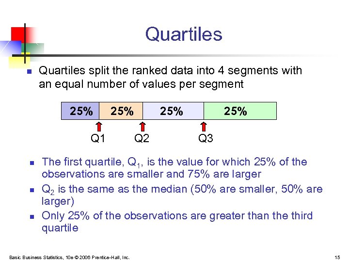 Quartiles n Quartiles split the ranked data into 4 segments with an equal number