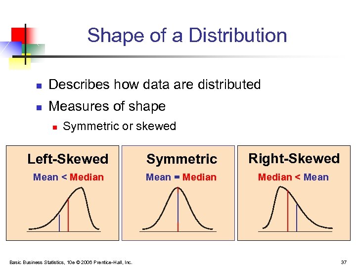 Shape of a Distribution n Describes how data are distributed n Measures of shape