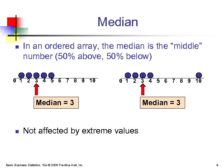 Median n In an ordered array, the median is the “middle” number (50% above,