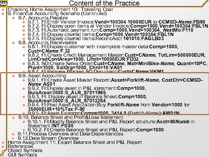 Content of the Practice Checking Home Assignment 10: Traveling Cost 9. Financial Accounting Scenario