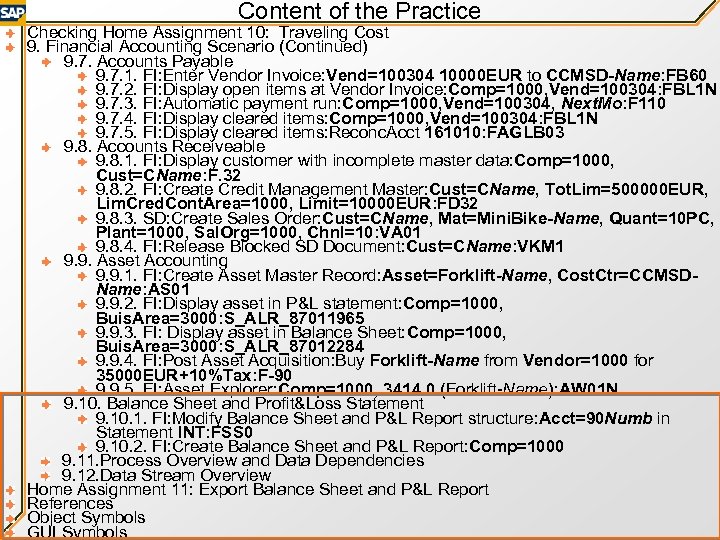 Content of the Practice Checking Home Assignment 10: Traveling Cost 9. Financial Accounting Scenario