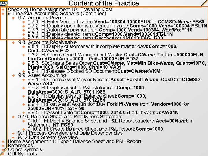 Content of the Practice Checking Home Assignment 10: Traveling Cost 9. Financial Accounting Scenario