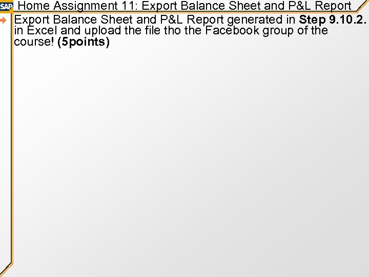 Home Assignment 11: Export Balance Sheet and P&L Report generated in Step 9. 10.
