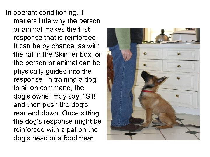 In operant conditioning, it matters little why the person or animal makes the first