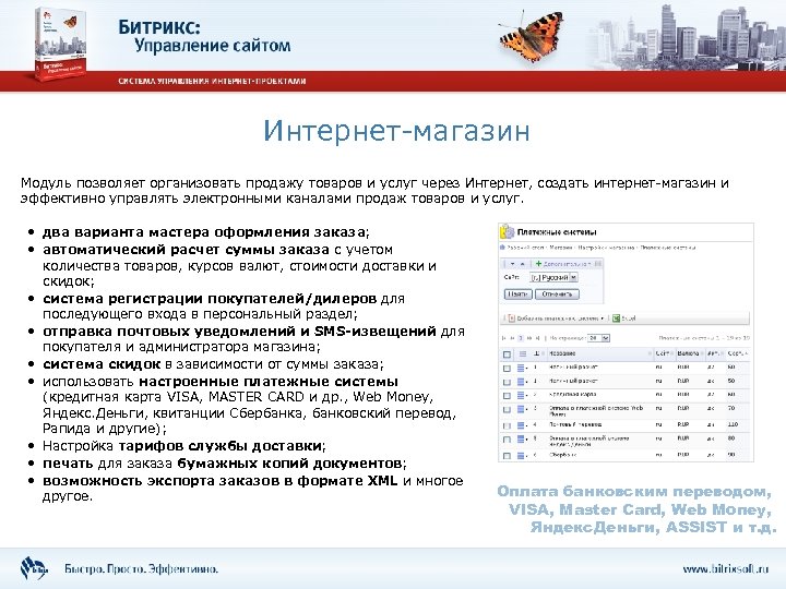 Интернет-магазин Модуль позволяет организовать продажу товаров и услуг через Интернет, создать интернет-магазин и эффективно