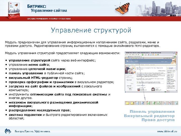 Управление структурой Модуль предназначен для управления информационным наполнением сайта, разделами, меню и правами доступа.