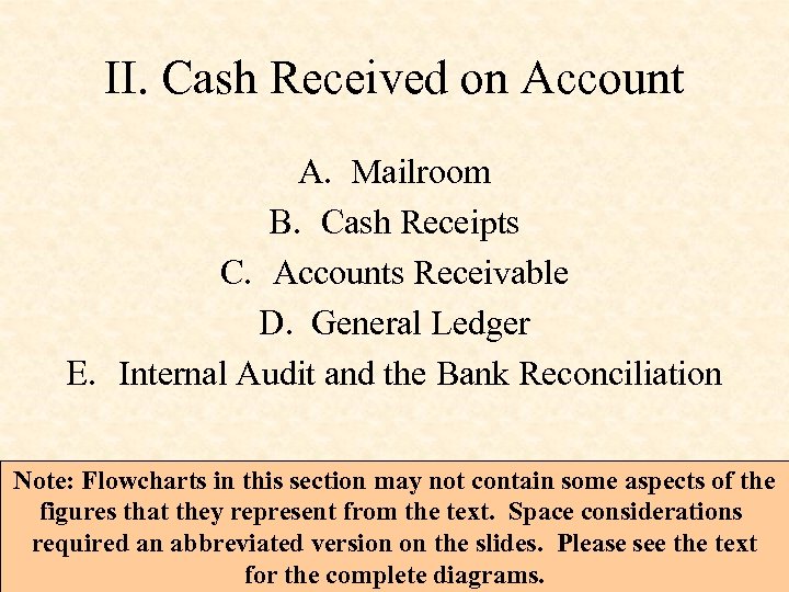 II. Cash Received on Account A. Mailroom B. Cash Receipts C. Accounts Receivable D.