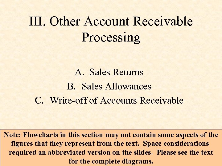 III. Other Account Receivable Processing A. Sales Returns B. Sales Allowances C. Write-off of