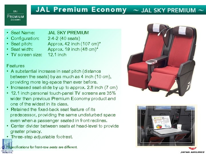  • • • Seat Name: Configuration: Seat pitch: Seat width: TV screen size: