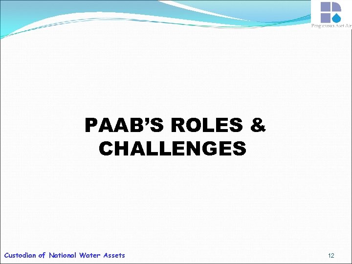 PAAB’S ROLES & CHALLENGES Custodian of National Water Assets 12 