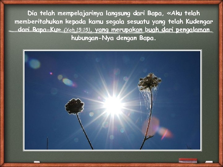 Dia telah mempelajarinya langsung dari Bapa, «Aku telah memberitahukan kepada kamu segala sesuatu yang