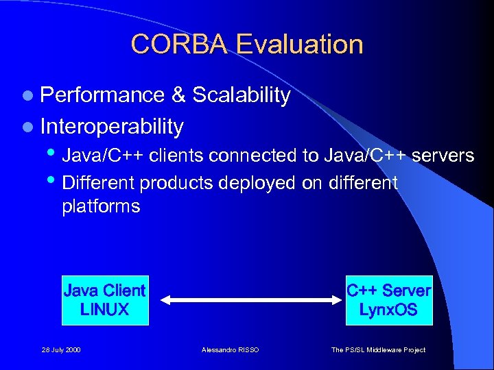 CORBA Evaluation l Performance & Scalability l Interoperability • Java/C++ clients connected to Java/C++