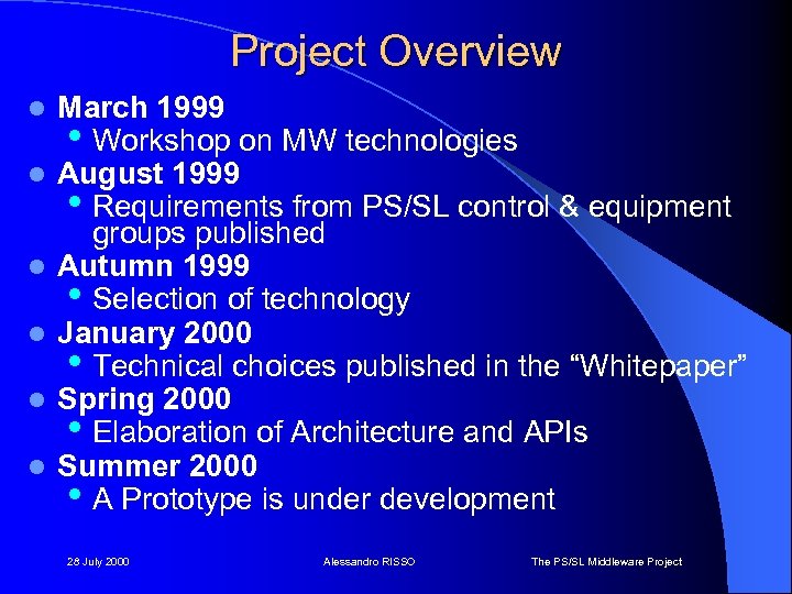 Project Overview l l l March 1999 • Workshop on MW technologies August 1999