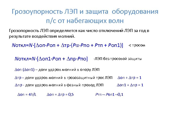 Грозоупорность ЛЭП и защита оборудования п/с от набегающих волн Грозопорность ЛЭП определяется как число