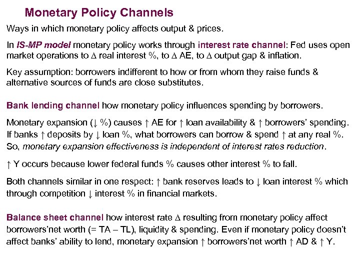 Monetary Policy Channels Ways in which monetary policy affects output & prices. In IS-MP