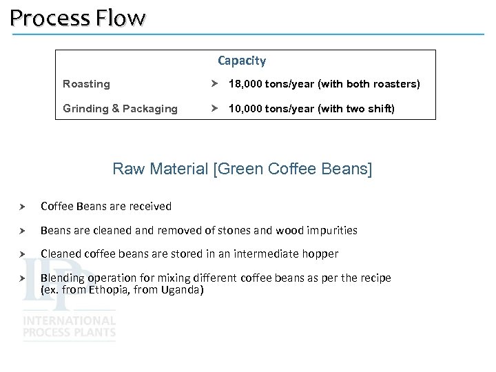 Process Flow Capacity Roasting 18, 000 tons/year (with both roasters) Grinding & Packaging 10,