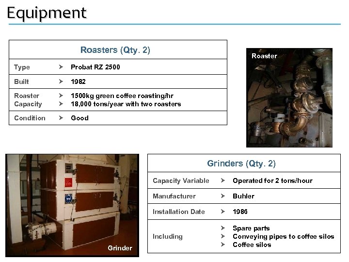 Equipment Roasters (Qty. 2) Roaster Type Probat RZ 2500 Built 1982 Roaster Capacity 1500
