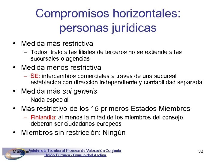 Compromisos horizontales: personas jurídicas • Medida más restrictiva – Todos: trato a las filiales