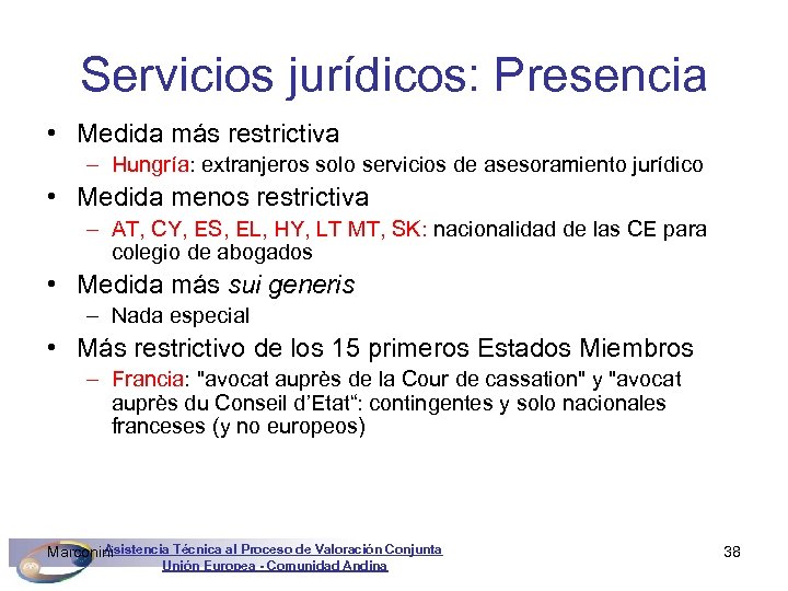 Servicios jurídicos: Presencia • Medida más restrictiva – Hungría: extranjeros solo servicios de asesoramiento