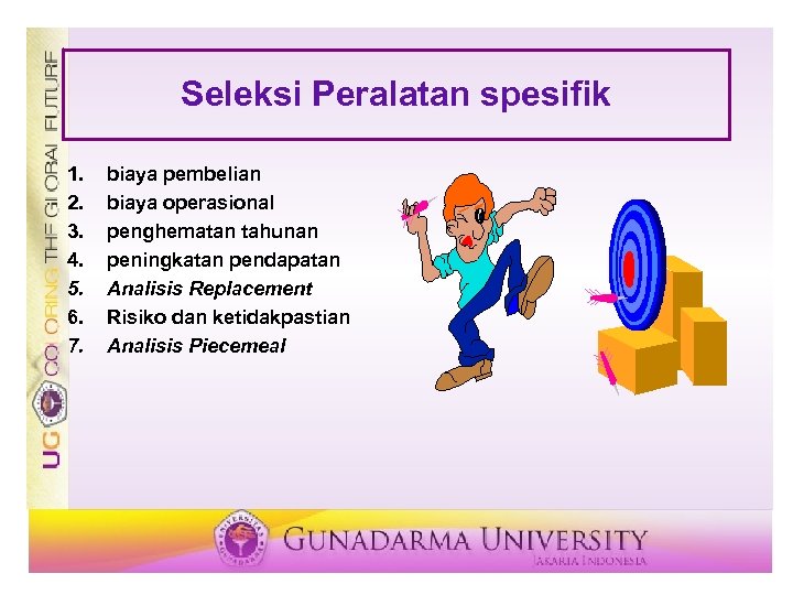 Seleksi Peralatan spesifik 1. 2. 3. 4. 5. 6. 7. biaya pembelian biaya operasional