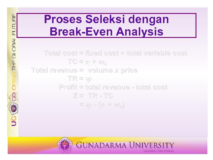 Proses Seleksi dengan Break-Even Analysis Total cost = fixed cost + total variable cost