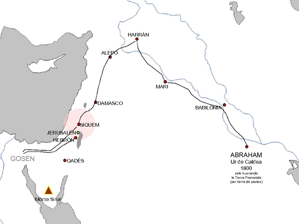 HARRÁN ALEPO MARI DAMASCO BABILONIA SIQUEM JERUSALÉN HEBRÓN GOSÉN QADÉS ABRAHAM Ur de Caldea