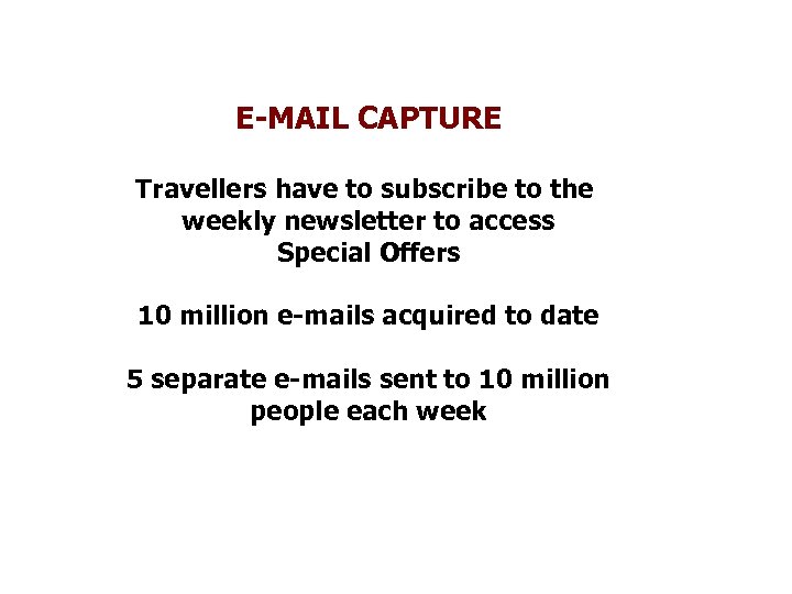 E-MAIL CAPTURE Travellers have to subscribe to the weekly newsletter to access Special Offers