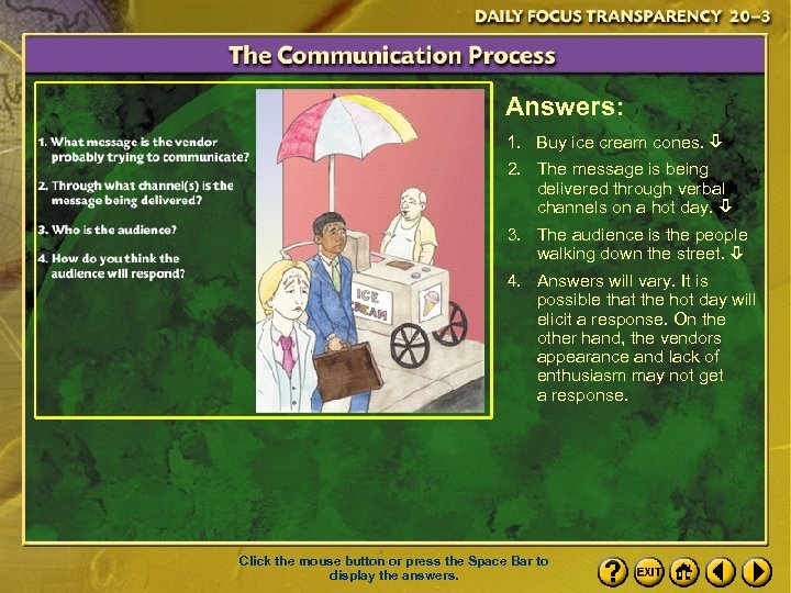 Answers: 1. Buy ice cream cones. 2. The message is being delivered through verbal