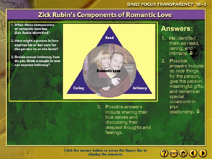 Answers: 1. He identified them as need, caring, and intimacy. 3. Possible answers include