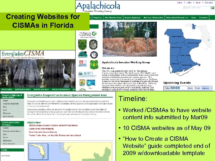 Creating Websites for CISMAs in Florida Timeline: • Worked /CISMAs to have website content