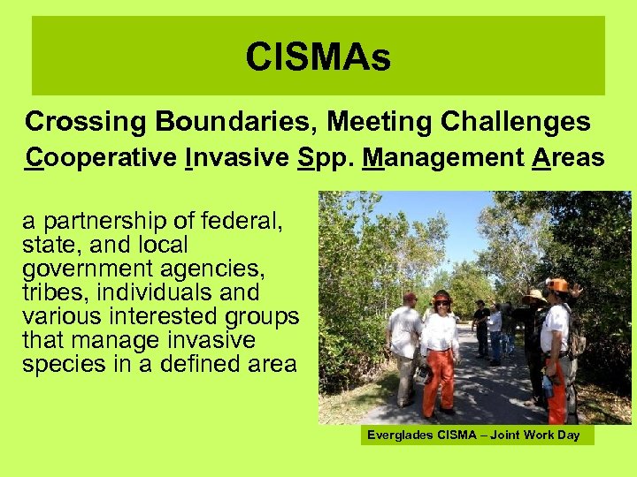 CISMAs Crossing Boundaries, Meeting Challenges Cooperative Invasive Spp. Management Areas a partnership of federal,