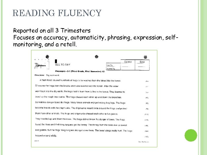 READING FLUENCY Reported on all 3 Trimesters Focuses on accuracy, automaticity, phrasing, expression, selfmonitoring,