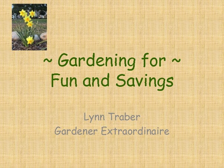 ~ Gardening for ~ Fun and Savings Lynn Traber Gardener Extraordinaire 