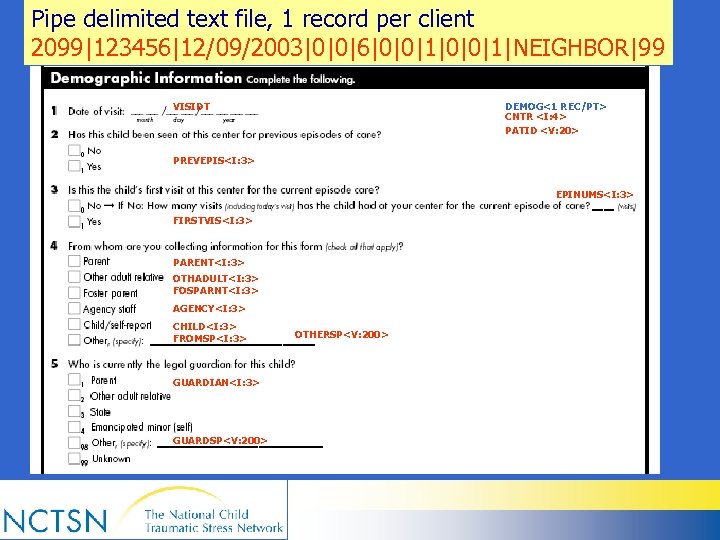 Pipe delimited text file, 1 record per client 2099|123456|12/09/2003|0|0|6|0|0|1|NEIGHBOR|99 VISIDT DEMOG<1 REC/PT> CNTR <I: