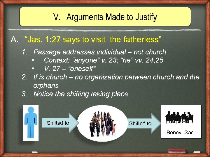V. Arguments Made to Justify A. “Jas. 1: 27 says to visit the fatherless”