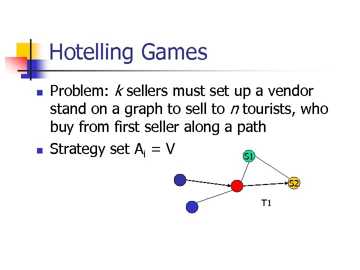 Hotelling Games n n Problem: k sellers must set up a vendor stand on