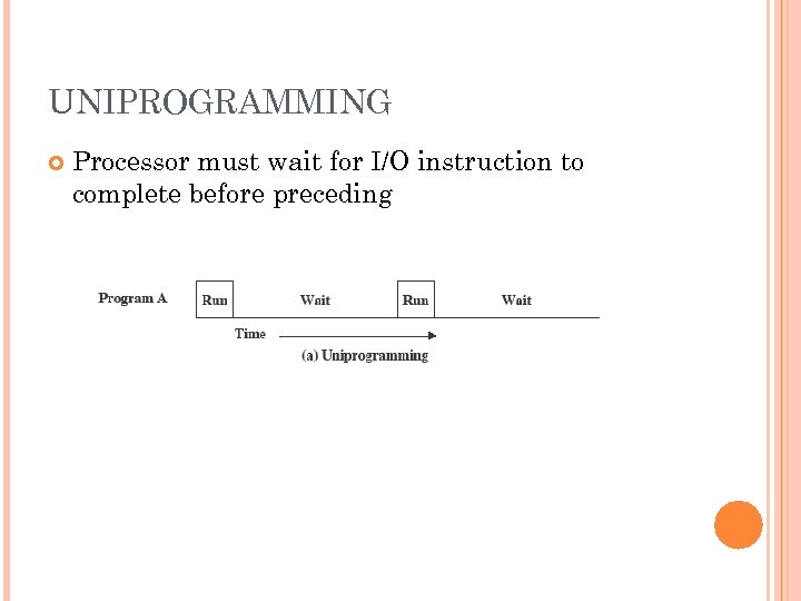 UNIPROGRAMMING Processor must wait for I/O instruction to complete before preceding 