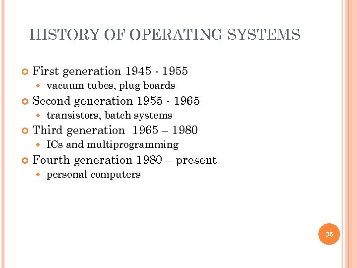 HISTORY OF OPERATING SYSTEMS First generation 1945 - 1955 Second generation 1955 - 1965