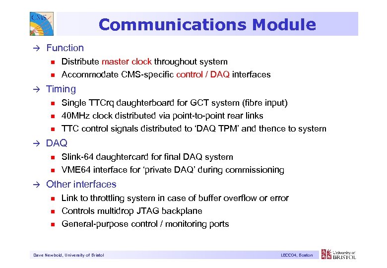 Communications Module à Function n n à Timing n n n à Single TTCrq