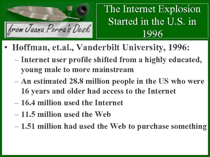 The Internet Explosion Started in the U. S. in 1996 • Hoffman, et. al.