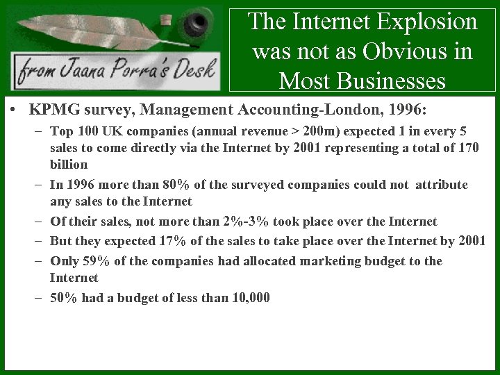 The Internet Explosion was not as Obvious in Most Businesses • KPMG survey, Management