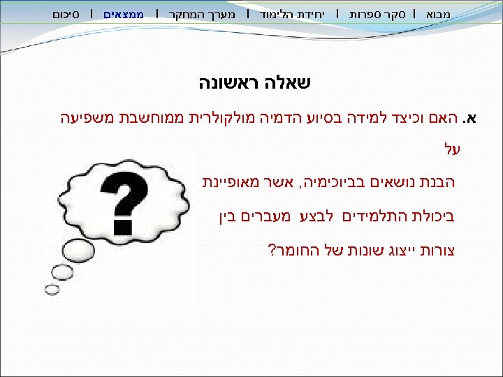  מבוא I סקר ספרות I יחידת הלימוד I מערך המחקר I ממצאים I