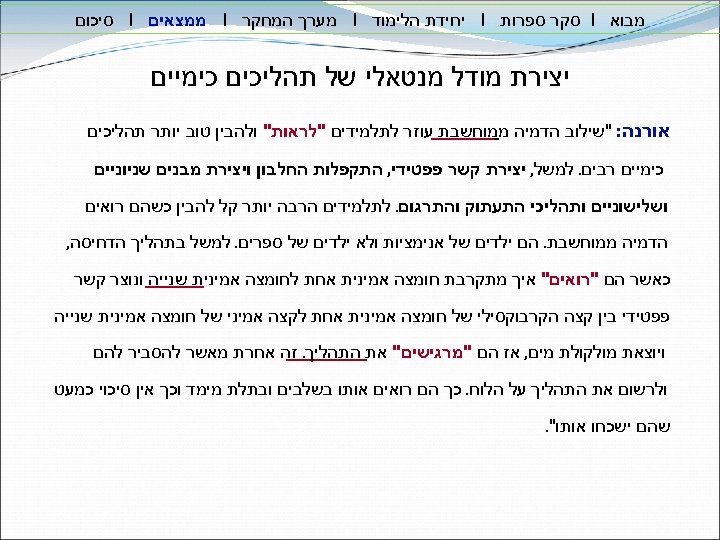  מבוא I סקר ספרות I יחידת הלימוד I מערך המחקר I ממצאים I