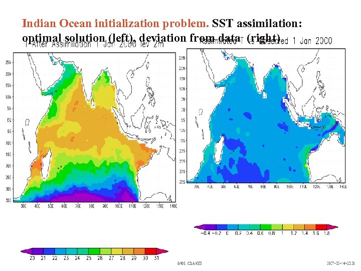 Indian Ocean initialization problem. SST assimilation: optimal solution (left), deviation from data (right) 